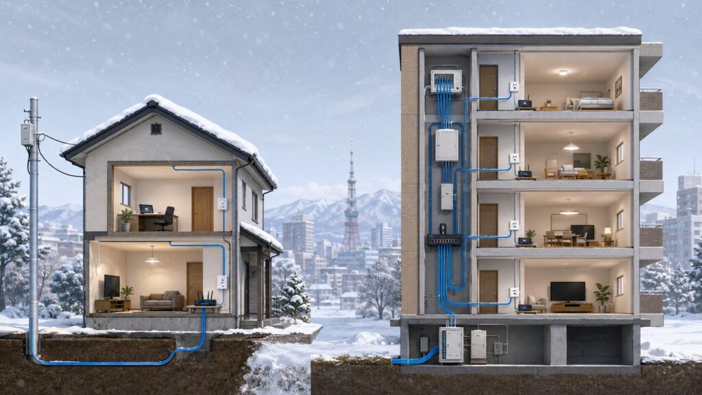 札幌の戸建てとマンションで光回線の工事条件を比較するイメージ