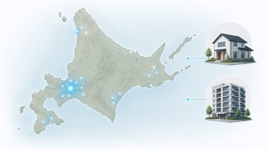 北海道地図と住宅イメージ。提供エリアの正確な範囲は公式住所検索で確認