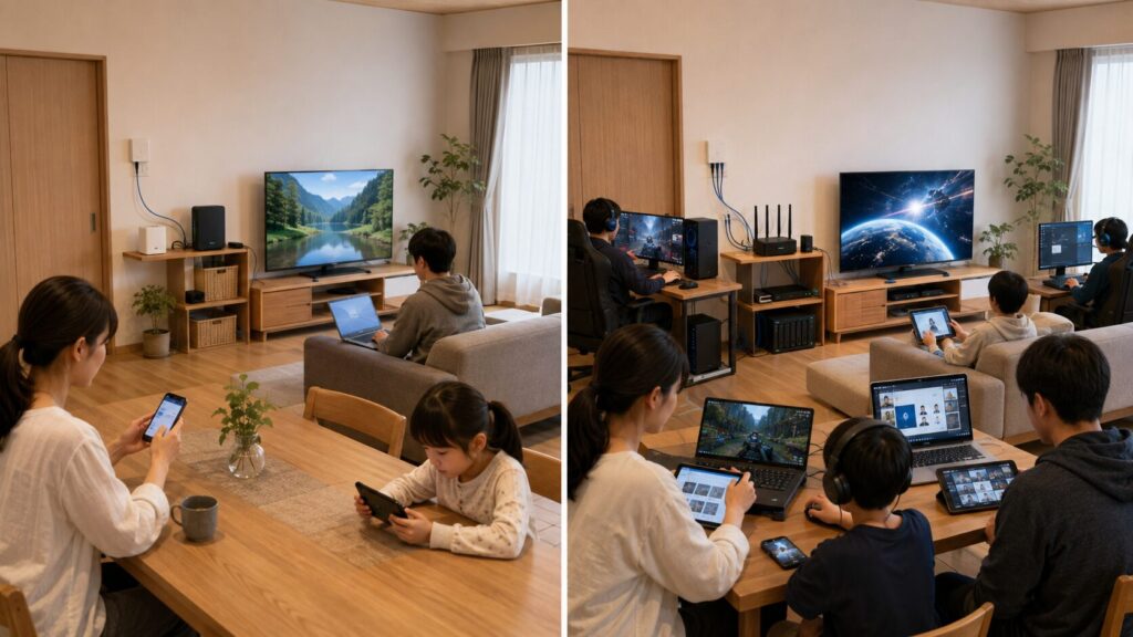 一般的なネット利用と家族での高負荷な通信利用のイメージ