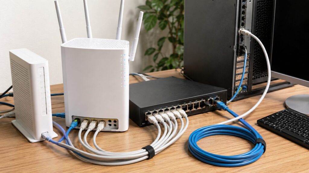 10ギガ光回線の利用に必要なルーターと有線LAN機器のイメージ