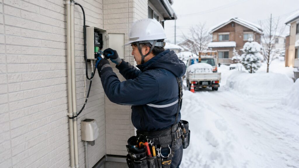 北海道の住宅で光回線の開通工事を行うイメージ
