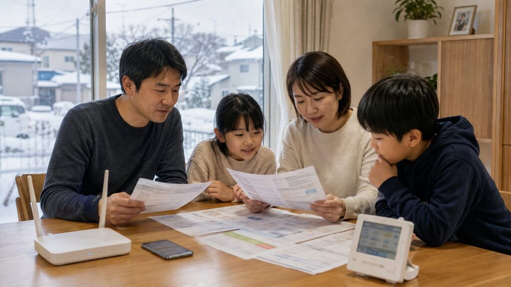 北海道の家庭で電気とインターネットの契約条件を確認するイメージ