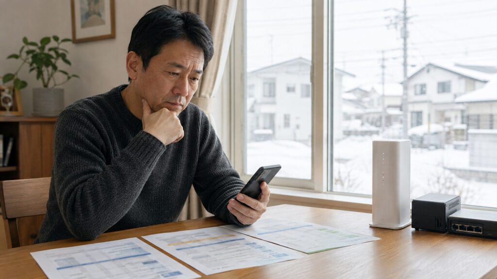 男性がほくでん光の3プランと契約条件を確認するイメージ